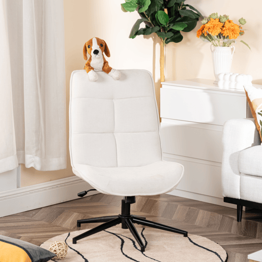 Cadeira De Relax Giratória Estofada Em Tecido Chenille Cor Bege Com Encosto Alto Ergonómico Assento Acolchoado Altura Regulável 89-95 Cm Base Metálica Estável Estilo Moderno Ideal Para Sala Quarto Escritório