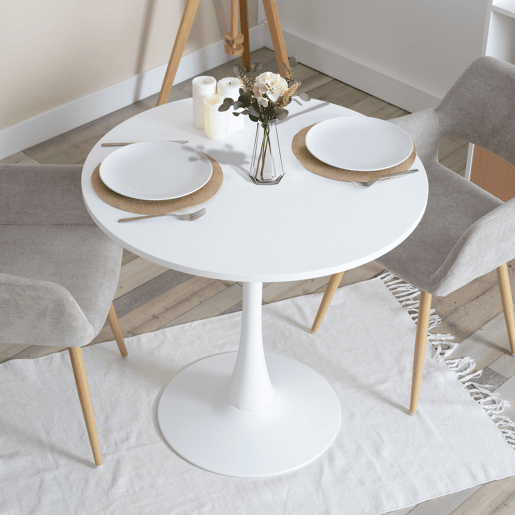 Mesa Redonda De Jantar Branca Com Tampo Em MDF Lacado Fosco E Base Metálica Estável, Design Moderno E Minimalista De 80 cm Ideal Para Sala De Jantar, Cozinha Ou Espaços Compactos