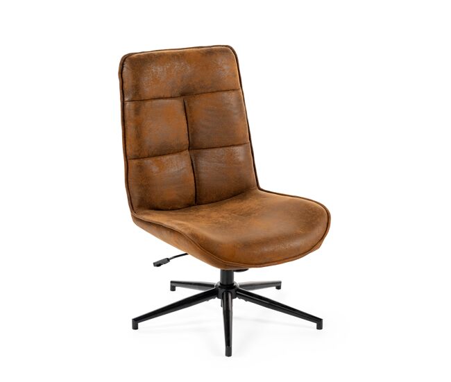 Silla giratoria de estilo vintage con respaldo alto y tapizado en polipiel efecto gamuza marrón, base metálica negra con altura ajustable, ideal para