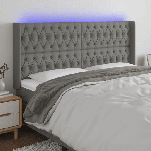 vidaXL Cabeceira de cama c LED tecido 203x16x118128 cm cinza-escuro