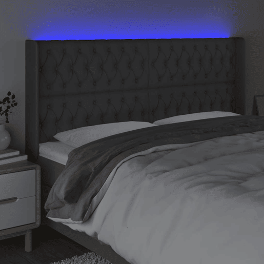 vidaXL Cabeceira de cama c LED tecido 203x16x118128 cm cinza-escuro