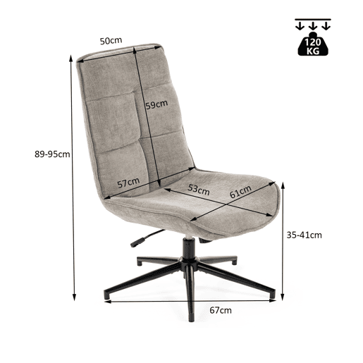 Cadeira De Relax Giratória Estofada Em Tecido Cinza Altura Regulável 89-95 Cm Assento Largo Com Enchimento Acolchoado Estilo Moderno Base Metálica Resistente Até 120 Kg Ideal Para Sala Quarto Escritório