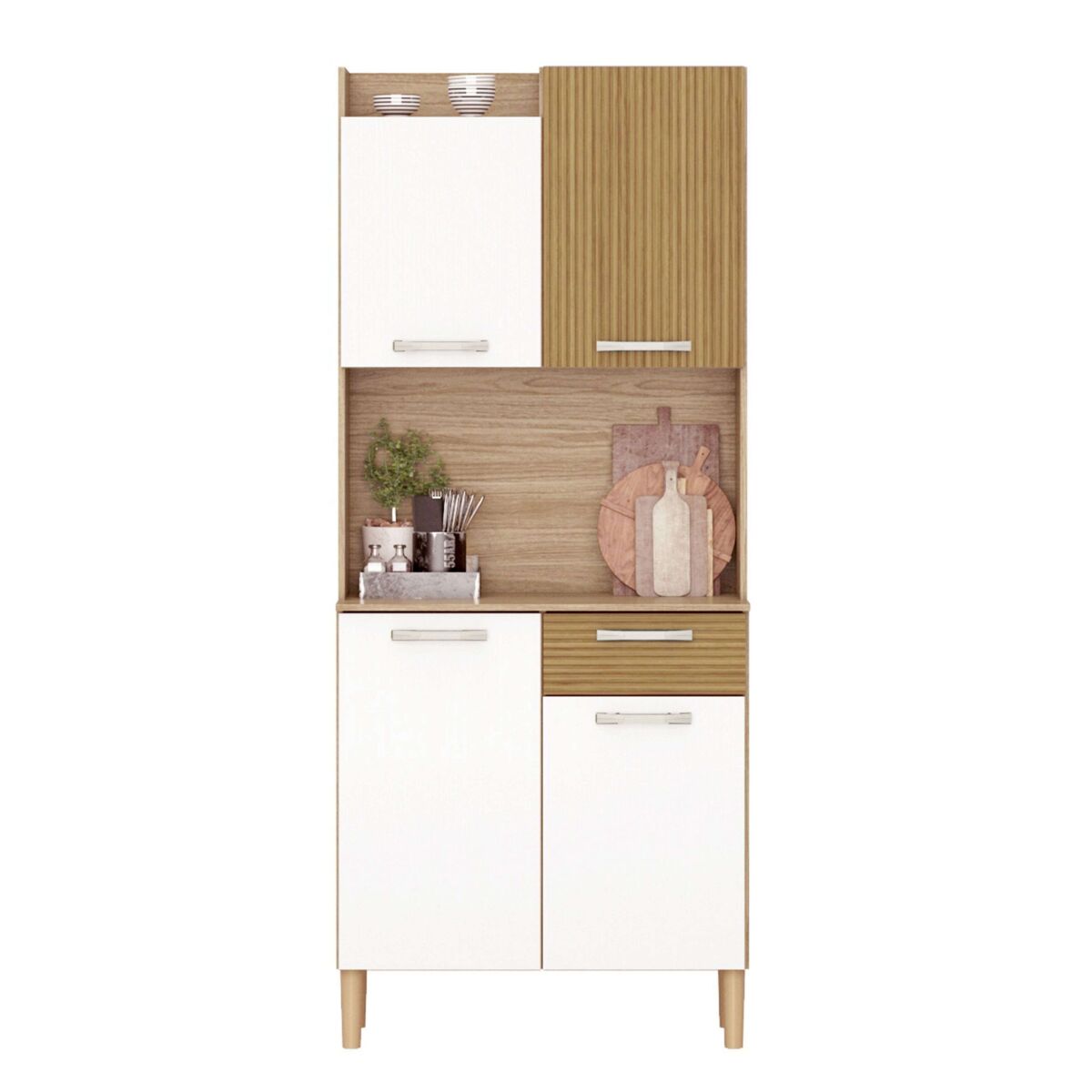 Aparador de cocina, mueble almacenamiento cocina gabi 4 puertas 1 cajón espacio microondas melamina blanco mate y roble 74x175x36 cm