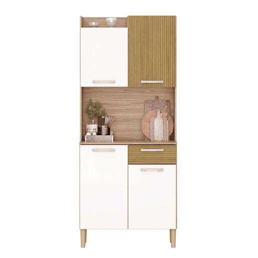 Aparador de Cozinha, Armário de Cozinha Gabi 4 portas 1 gaveta Espaço para Micro-ondas Melamina Branco Mate e Carvalho 74x175x36 cm