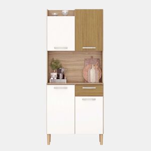 Aparador de Cozinha, Armário de Cozinha Gabi 4 portas 1 gaveta Espaço para Micro-ondas Melamina Branco Mate e Carvalho 74x175x36 cm
