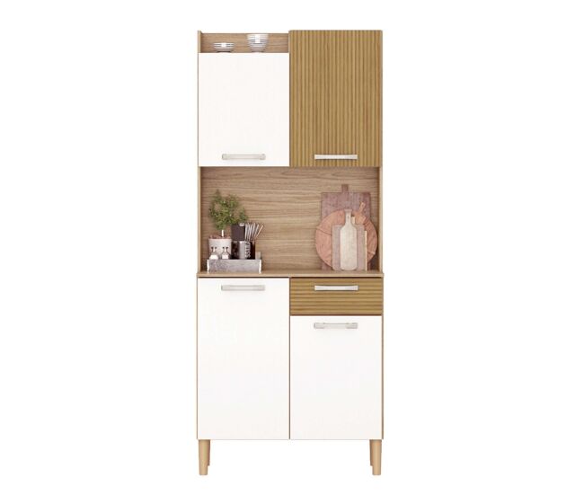 Aparador de cocina, mueble almacenamiento cocina gabi 4 puertas 1 cajón espacio microondas melamina blanco mate y roble 74x175x36 cm