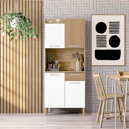 Aparador de Cozinha, Armário de Cozinha Gabi 4 portas 1 gaveta Espaço para Micro-ondas Melamina Branco Mate e Carvalho 74x175x36 cm