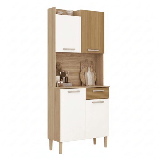 Aparador de Cozinha, Armário de Cozinha Gabi 4 portas 1 gaveta Espaço para Micro-ondas Melamina Branco Mate e Carvalho 74x175x36 cm