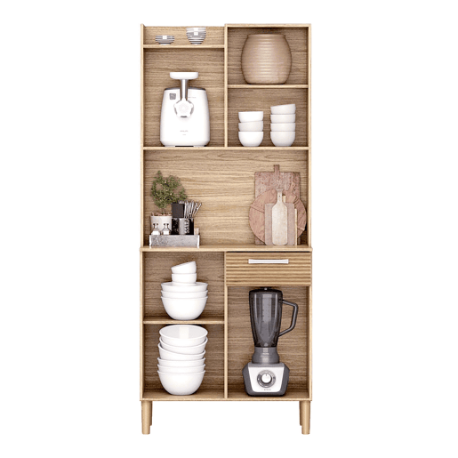 Aparador de Cozinha, Armário de Cozinha Gabi 4 portas 1 gaveta Espaço para Micro-ondas Melamina Branco Mate e Carvalho 74x175x36 cm