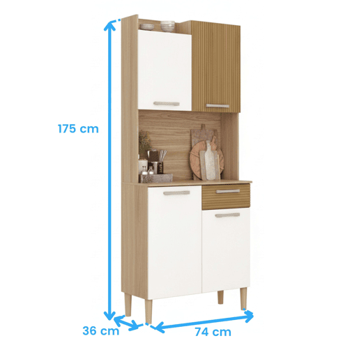 Aparador de Cozinha, Armário de Cozinha Gabi 4 portas 1 gaveta Espaço para Micro-ondas Melamina Branco Mate e Carvalho 74x175x36 cm