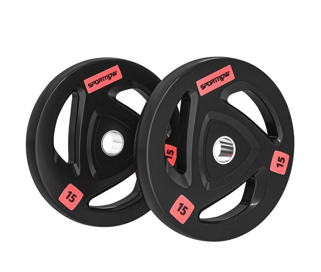 Sportnow discos pesas olímpicos 2x15 kg, agujero ø50 mm, de hierro fundido, recubierta de goma, 2 placas de pesas con triple agarre, para mancuernas y