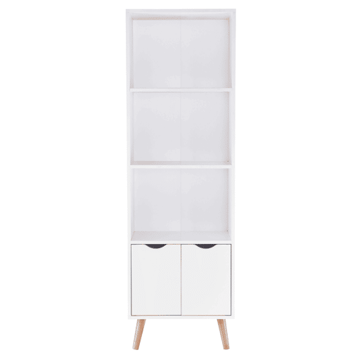 Estante para sala de estar Fiano, branco fosco e madeira clara, 3 prateleiras, 2 portas sanfonadas, melamina, pernas de pinho laqueado, 50x160x30 cm