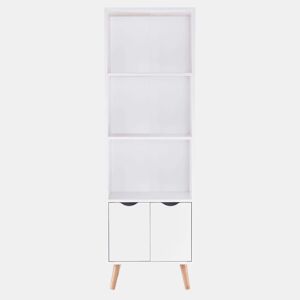 Estante para sala de estar Fiano, branco fosco e madeira clara, 3 prateleiras, 2 portas sanfonadas, melamina, pernas de pinho laqueado, 50x160x30 cm