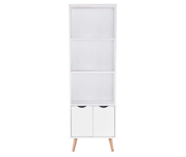 Estantería Salón Comedor Fiano 3 Estantes, 2 Puertas Abatibles, Melamina, Patas pino lacado, Blanco Mate y Roble 50x160x30 cm
