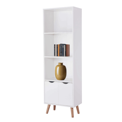 Estante para sala de estar Fiano, branco fosco e madeira clara, 3 prateleiras, 2 portas sanfonadas, melamina, pernas de pinho laqueado, 50x160x30 cm