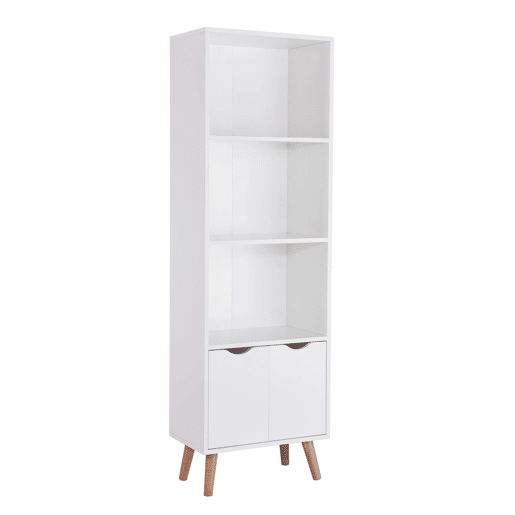 Estante para sala de estar Fiano, branco fosco e madeira clara, 3 prateleiras, 2 portas sanfonadas, melamina, pernas de pinho laqueado, 50x160x30 cm