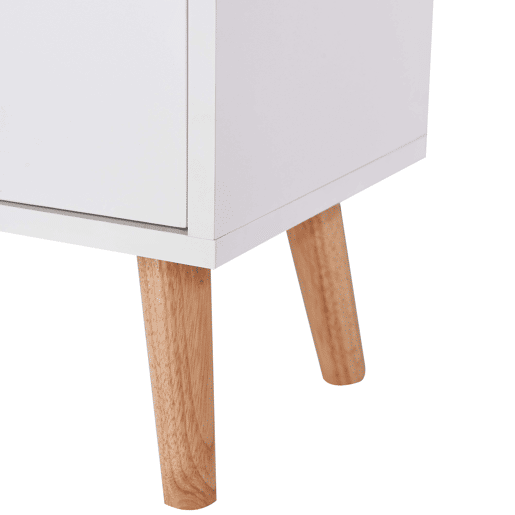 Estante para sala de estar Fiano, branco fosco e madeira clara, 3 prateleiras, 2 portas sanfonadas, melamina, pernas de pinho laqueado, 50x160x30 cm