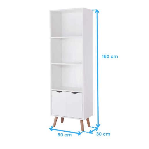 Estante para sala de estar Fiano, branco fosco e madeira clara, 3 prateleiras, 2 portas sanfonadas, melamina, pernas de pinho laqueado, 50x160x30 cm