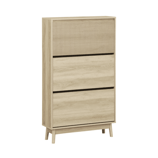 Sapateira com efeito madeira natural de 3 portas, Linear, Natural, 75x25x131 cm