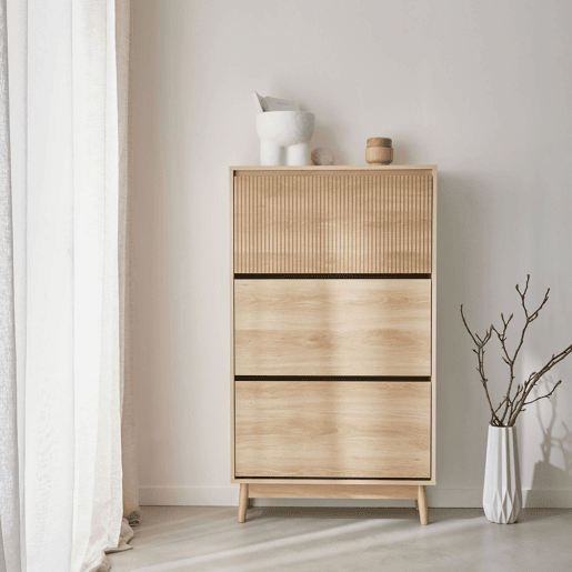 Sapateira com efeito madeira natural de 3 portas, Linear, Natural, 75x25x131 cm