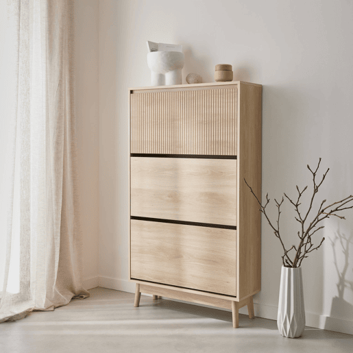 Sapateira com efeito madeira natural de 3 portas, Linear, Natural, 75x25x131 cm