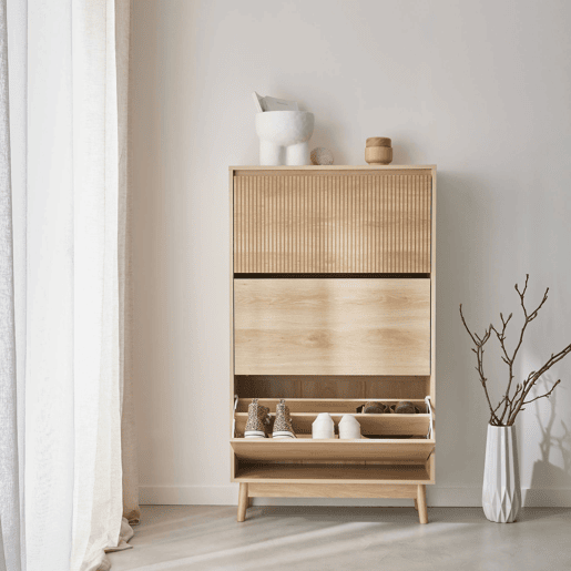 Sapateira com efeito madeira natural de 3 portas, Linear, Natural, 75x25x131 cm