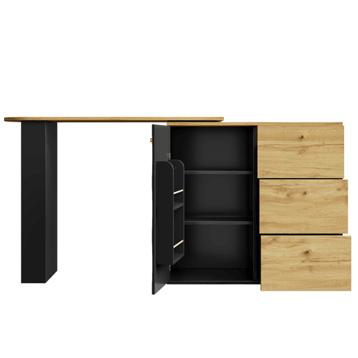 Mesa de bar extensível 360°preta com efeito madeira e vidro com padrão ondulado NESNAL