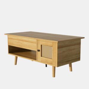 Mesa de centro elevatória efeito madeira com 2 portas de rattan 103x50cm DHANNANS