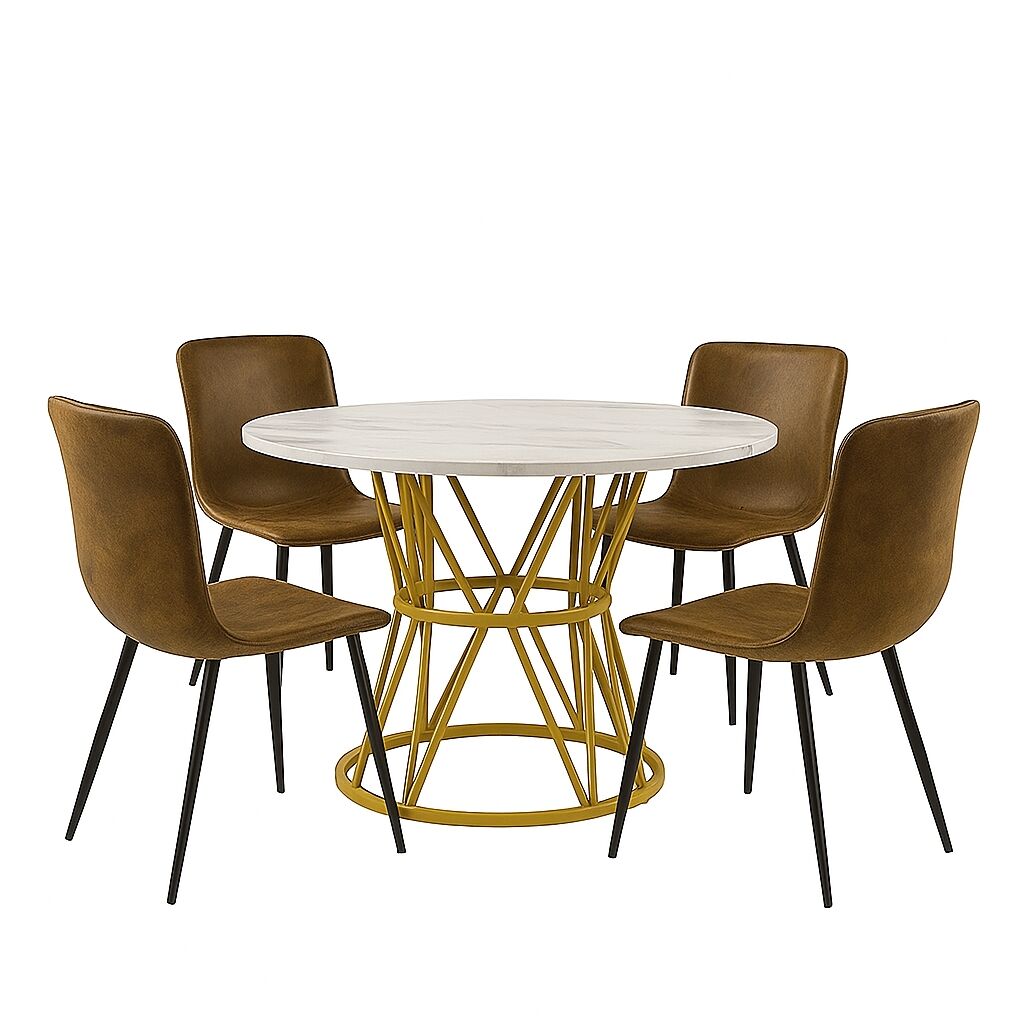 Conjunto mesa redonda efecto mármol y 4 sillas vintage