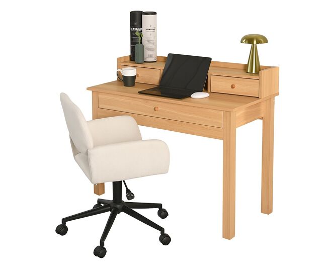 Conjunto de escritorio escandinavo de madera clara con espacio de almacenamiento y silla de oficina beige