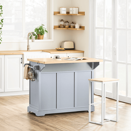 SoBuy FKW71-II-HG Carrinho de cozinha com rodas, ilha de cozinha com bancada extensível, 2 gavetas e prateleiras ajustáveis Armário de cozinha que poupa espaço, cinzento, 115 x 46-71 x 92 cm