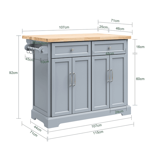 SoBuy FKW71-II-HG Carrinho de cozinha com rodas, ilha de cozinha com bancada extensível, 2 gavetas e prateleiras ajustáveis Armário de cozinha que poupa espaço, cinzento, 115 x 46-71 x 92 cm