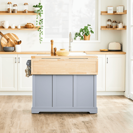 SoBuy FKW71-II-HG Carrinho de cozinha com rodas, ilha de cozinha com bancada extensível, 2 gavetas e prateleiras ajustáveis Armário de cozinha que poupa espaço, cinzento, 115 x 46-71 x 92 cm