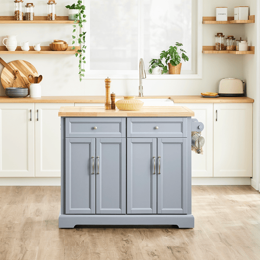 SoBuy FKW71-II-HG Carrinho de cozinha com rodas, ilha de cozinha com bancada extensível, 2 gavetas e prateleiras ajustáveis Armário de cozinha que poupa espaço, cinzento, 115 x 46-71 x 92 cm