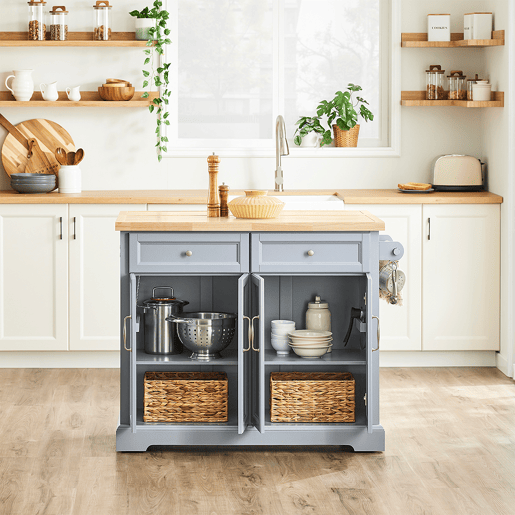 SoBuy FKW71-II-HG Carrinho de cozinha com rodas, ilha de cozinha com bancada extensível, 2 gavetas e prateleiras ajustáveis Armário de cozinha que poupa espaço, cinzento, 115 x 46-71 x 92 cm