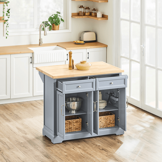 SoBuy FKW71-II-HG Carrinho de cozinha com rodas, ilha de cozinha com bancada extensível, 2 gavetas e prateleiras ajustáveis Armário de cozinha que poupa espaço, cinzento, 115 x 46-71 x 92 cm