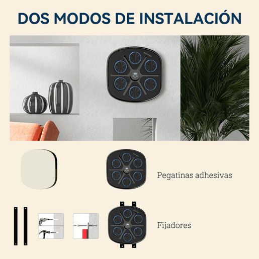 SPORTNOW Máquina de Boxe Musical com 9 Modos de Velocidade Luvas e Conexão Bluetooth Boxe Musical de Parede com Luzes LED para Adultos e Crianças em Casa Escritório Ginásio 41,8x44,6x7,5 cm Preto