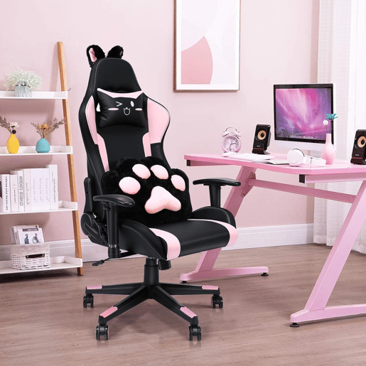 Cadeira gaming com altifalantes, vídeo e iluminação RGB com assento em couro sintético PU ajustável, cadeira giratória para computador e-sport com apoio lombar