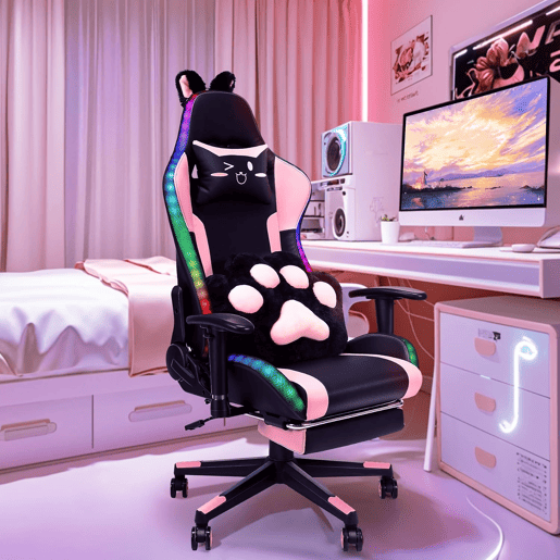 Cadeira gaming com altifalantes, vídeo e iluminação RGB com assento em couro sintético PU ajustável, cadeira giratória para computador e-sport com apoio lombar