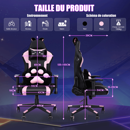 Cadeira gaming com altifalantes, vídeo e iluminação RGB com assento em couro sintético PU ajustável, cadeira giratória para computador e-sport com apoio lombar