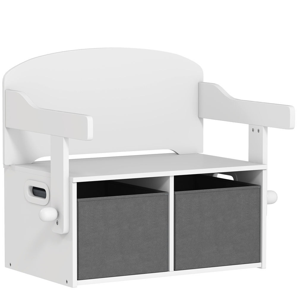 Aiyaplay banco infantil convertible 3 en 1, juego de mesa y silla, baúl de juguetes con cubos de tela extraíbles, banco de almacenaje, mueble multifuncional para niños 3-6 años, blanco