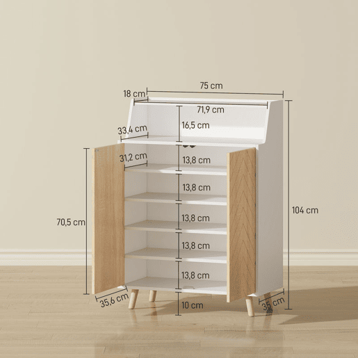 HOMCOM Sapateira de 2 Portas Sapateira para Entrada com Prateleiras Ajustáveis Compartimento Aberto e Pés em Madeira para 15 Pares de Sapatos 75x35x104 cm Branco e Madeira HOMCOM Sapateira de 2 Portas Sapateira para Entrada com Prateleiras Ajustáveis Compartimento Aberto e Pés em Madeira para 15 Pares de Sapatos 75x35x104 cm Branco e Madeira