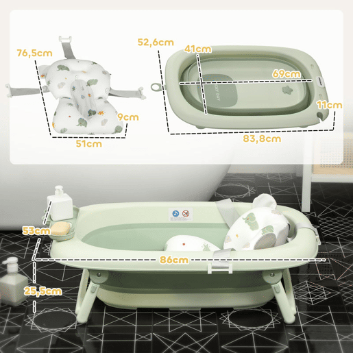 AIYAPLAY Banheira Dobrável Bebé Banheira Portátil com Almofada de Banho Suporte com Botão Orifício de Drenagem e de Chuveiro Prateleira Gancho para Recém-Nascidos e Bebé até 3 Anos 86x53x25,5 cm Verde