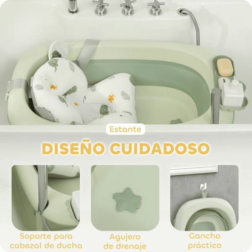 AIYAPLAY Banheira Dobrável Bebé Banheira Portátil com Almofada de Banho Suporte com Botão Orifício de Drenagem e de Chuveiro Prateleira Gancho para Recém-Nascidos e Bebé até 3 Anos 86x53x25,5 cm Verde