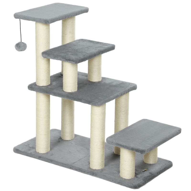 Pawhut escalera para mascotas ajustable de 3/4 peldaños, escalera para gatos con postes rascadores, bola colgante, para cama, sofá, alféizares, gris