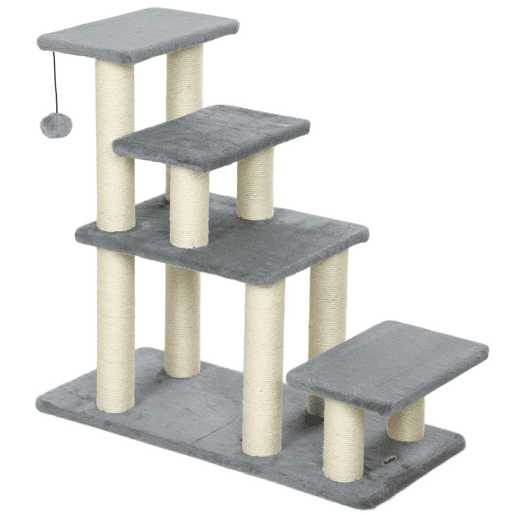 PawHut Escada para Animais Ajustável de 3 ou 4 Degraus Escada para Gatos com Postes Arranhadores Bola Suspensa para Cama Sofá Peitoris 70x32x68 cm Cinzento