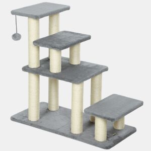 PawHut Escada para Animais Ajustável de 3 ou 4 Degraus Escada para Gatos com Postes Arranhadores Bola Suspensa para Cama Sofá Peitoris 70x32x68 cm Cinzento