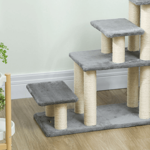 PawHut Escada para Animais Ajustável de 3 ou 4 Degraus Escada para Gatos com Postes Arranhadores Bola Suspensa para Cama Sofá Peitoris 70x32x68 cm Cinzento
