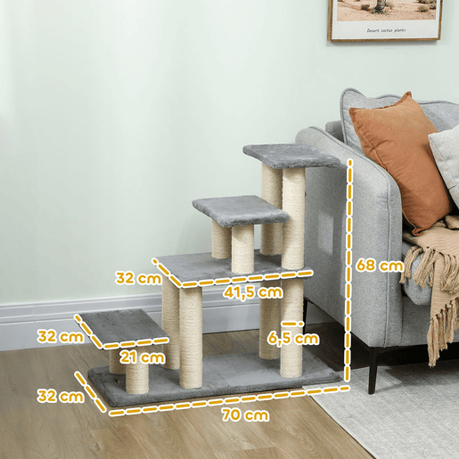 PawHut Escada para Animais Ajustável de 3 ou 4 Degraus Escada para Gatos com Postes Arranhadores Bola Suspensa para Cama Sofá Peitoris 70x32x68 cm Cinzento