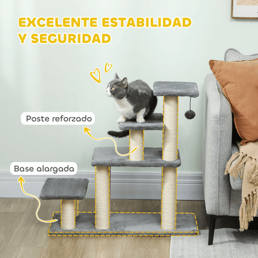 PawHut Escada para Animais Ajustável de 3 ou 4 Degraus Escada para Gatos com Postes Arranhadores Bola Suspensa para Cama Sofá Peitoris 70x32x68 cm Cinzento